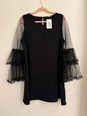 JODIFL NWT Black Tank Sheer Ruffle Net Sleeve Shift Dress